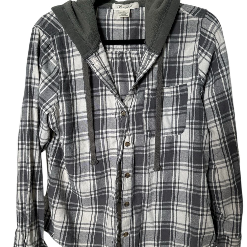 Passport- Gray Plaid Button Down Shirt w/hoodie